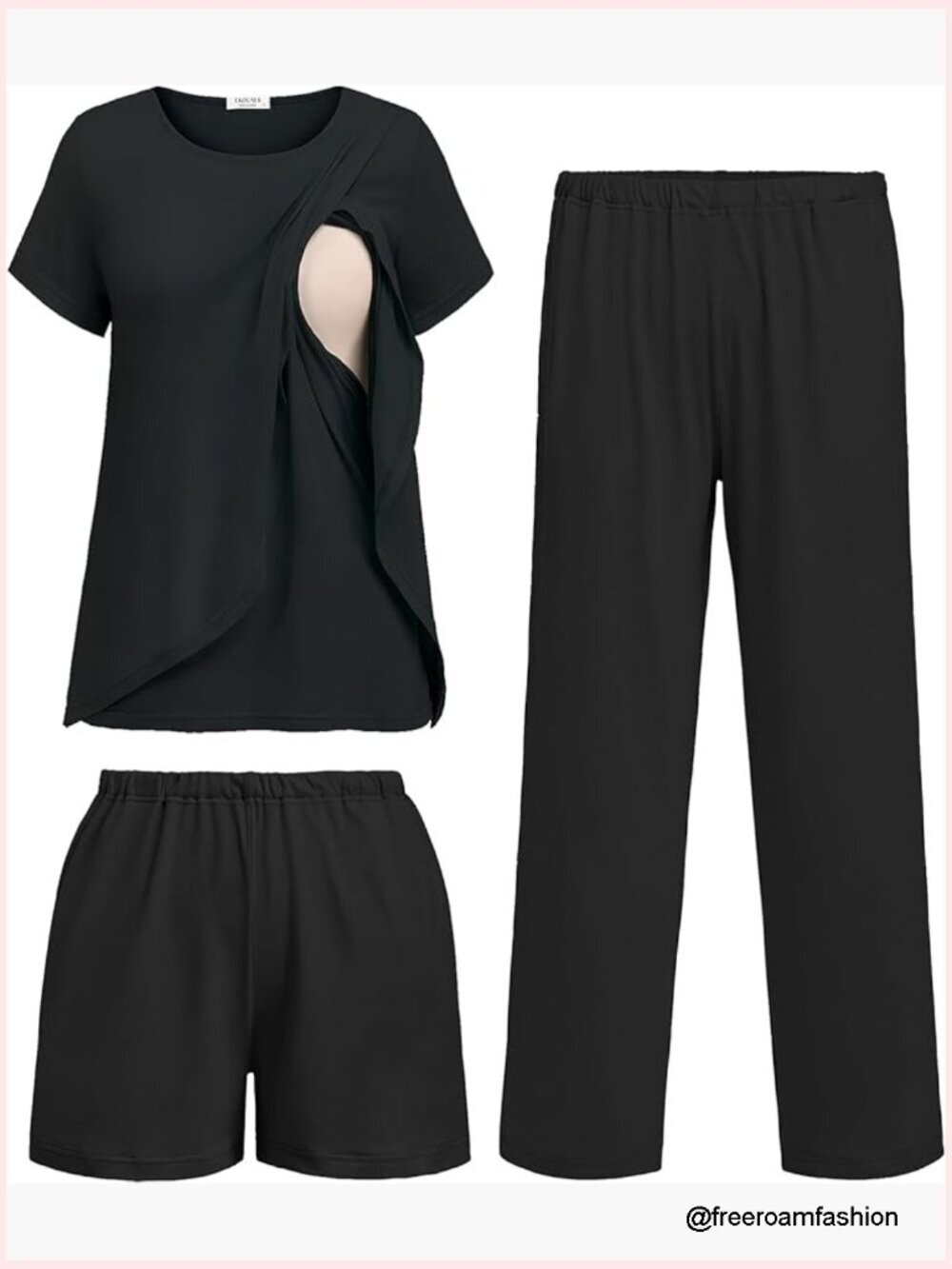 3 Piece Maternity Nursing Pajama Set Short Sleeve Sleepwear with Shorts & Pants
